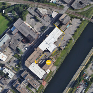 4030 rue Saint-Ambroise, saint henri Sud-Ouest de Montréal, au Québec une vue satellite indique où est située Meilleur Monde dans le Chateau Saint-Ambroise et où sont situées les entrées