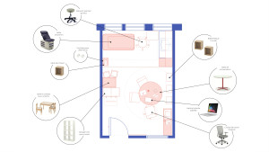 un plan numérique présente la manière dont l'espace est aménagé et certains éléments clés de mobilier ou d'accessoires