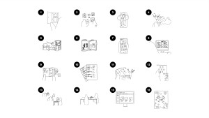 Croquis illustrants des idées ffiches projets développées pour la fédération des coopératives funéraires du Québec.