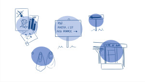 Des illustrations dessinées en violet sur fond blanc représentent différentes suggestions faites au client, telles qu’une nouvelle signalétique ou des fiches d’information