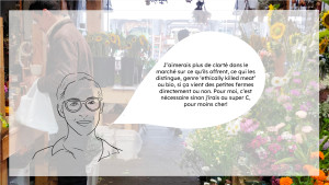 Une photo d'un stand du marché est dans le fond, en premier plan on voit un visage avec un bulle dans laquelle est écrit : 