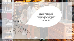 Une photo d'un stand du marché est dans le fond, en premier plan on voit un visage avec un bulle dans laquelle est écrit : 