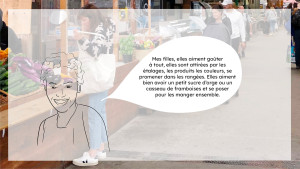 Une photo d'un stand du marché est dans le fond, en premier plan on voit un visage avec un bulle dans laquelle est écrit :