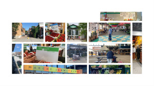 Une mosaique de photographies des environnements des marchés publics : façades, étiquettes de fruits, etc.
