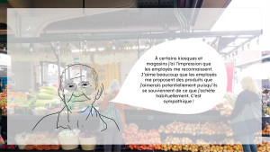 Une photo d'un stand du marché est dans le fond, en premier plan on voit un visage avec un bulle dans laquelle est écrit : 