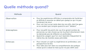 Capture d'écran d'une diapositive avec un tableau qui explique le bon contexte pour utiliser une méthode de recherche précise; soit l'observation, les interceptions ou les entrevues.